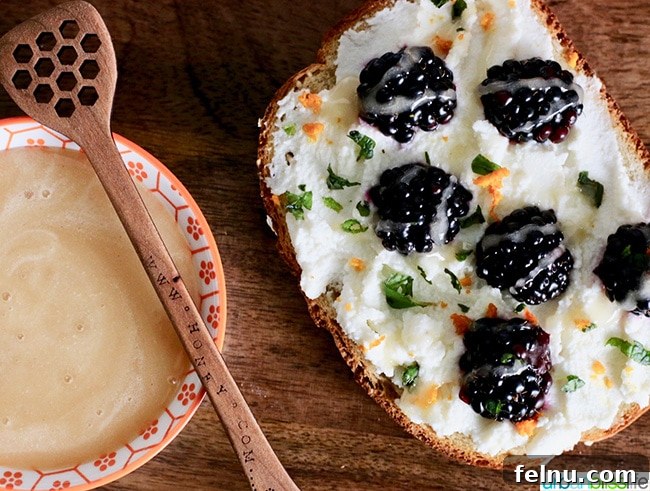 Ricotta Toast with Blackberry Citrus Zest 3 Close-up of Blackberry Ricotta Toast with Honey