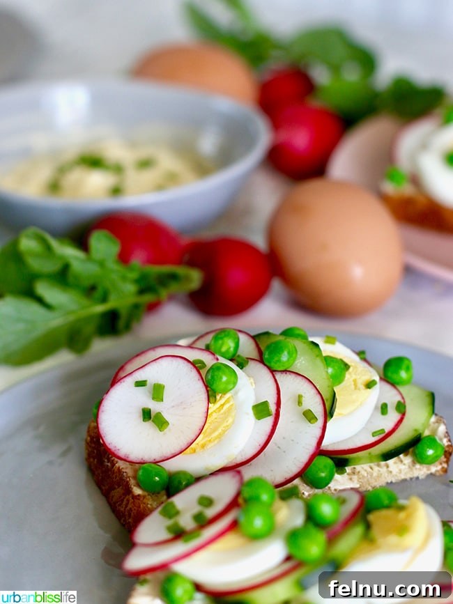 Vibrant Spring Toasts 5 Close-up of crudite on toast showcasing fresh vegetables and eggs