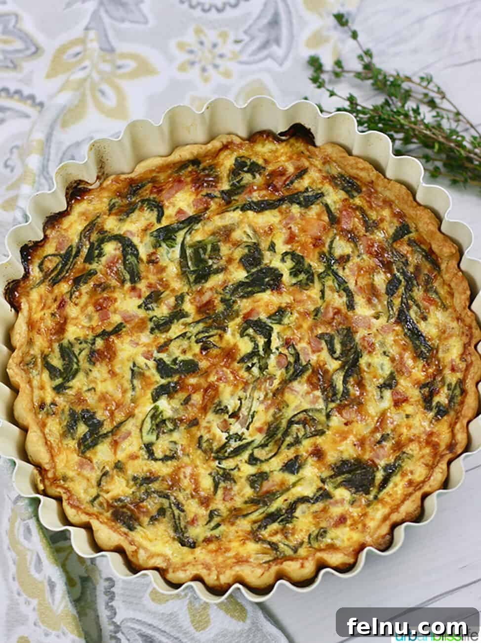 Farmhouse Ham and Spinach Quiche 2 Ham and Spinach Quiche in a pie tin