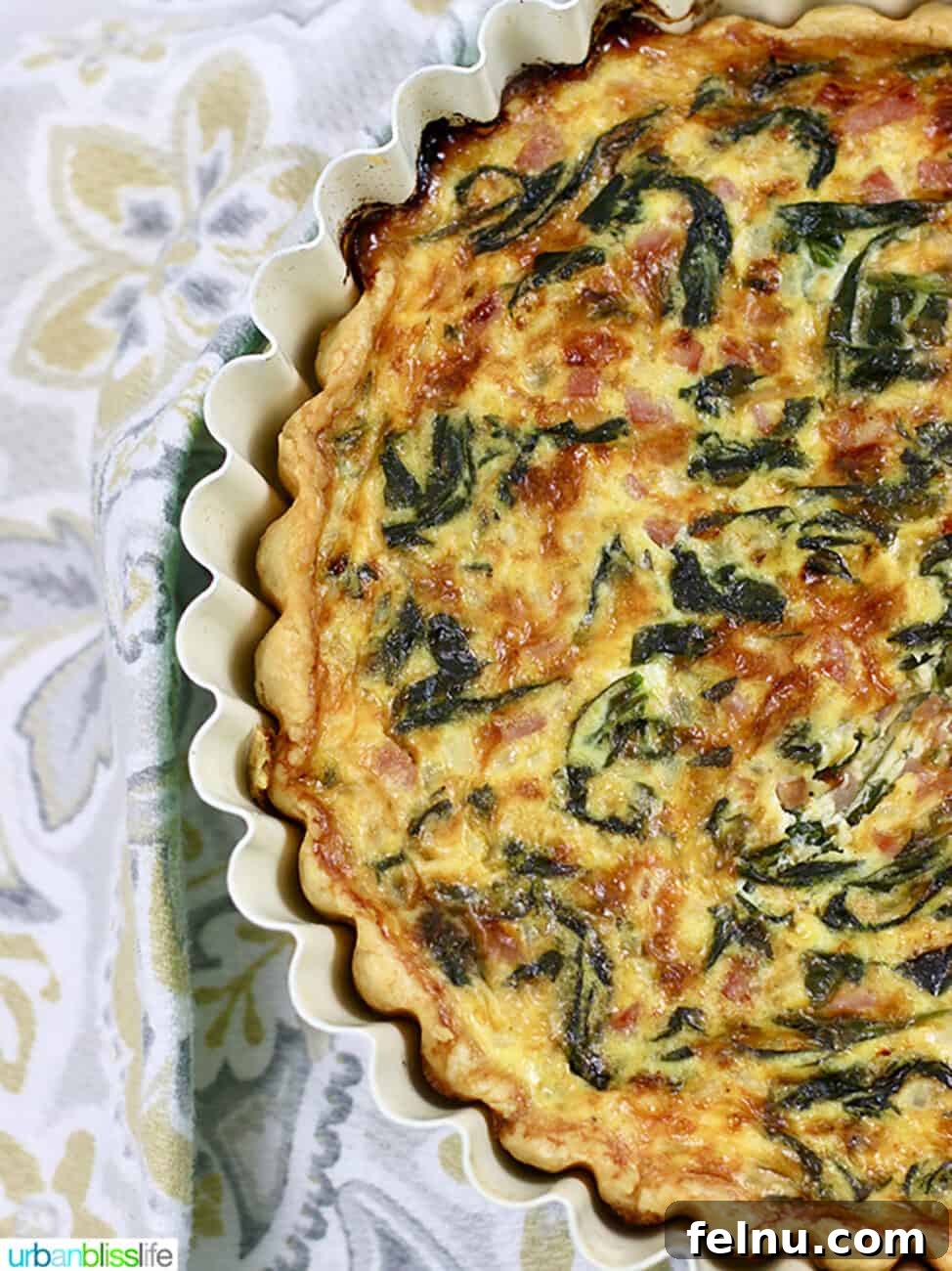 Farmhouse Ham and Spinach Quiche 3 Ham and Spinach Quiche in a pie tin close up