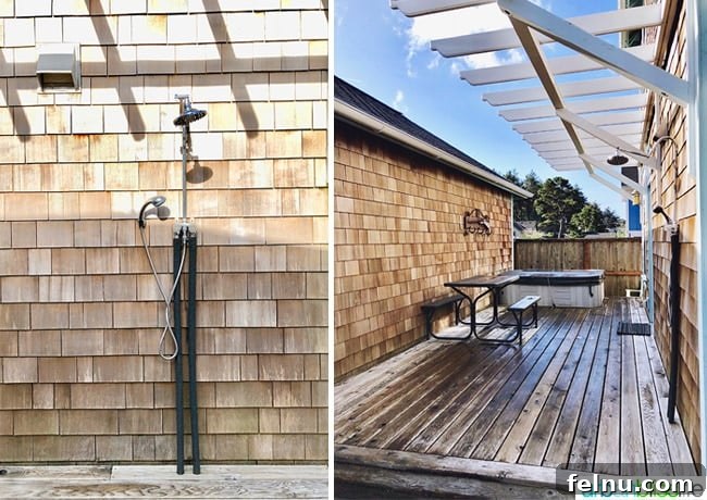 Outdoor hot tub and shower at an Olivia Beach rental house.