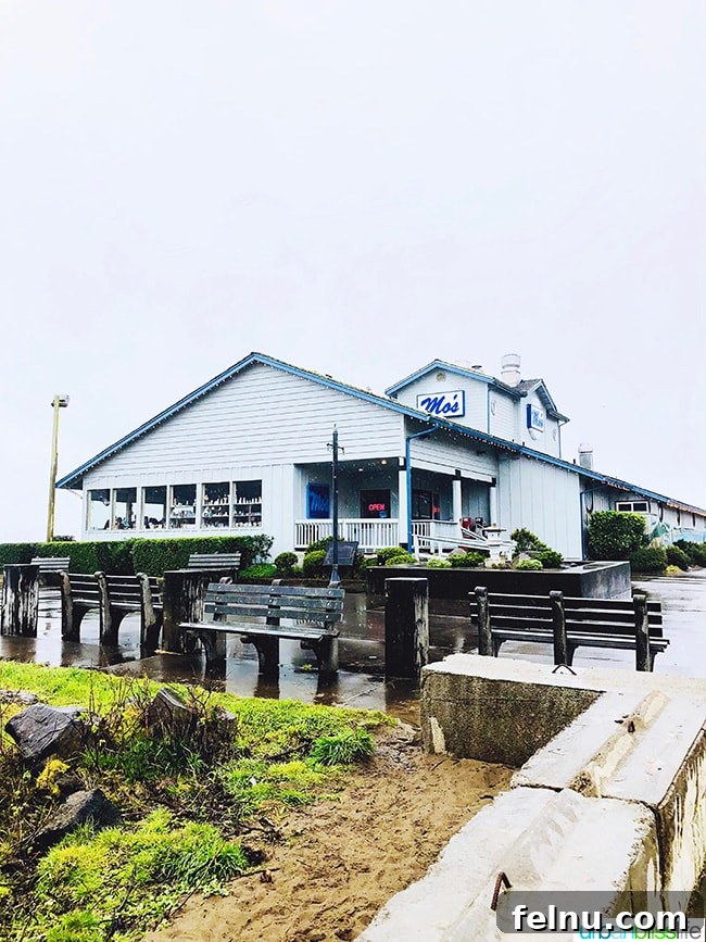 Exterior of Mo's Restaurant in Lincoln City, Oregon, overlooking Taft Bay.