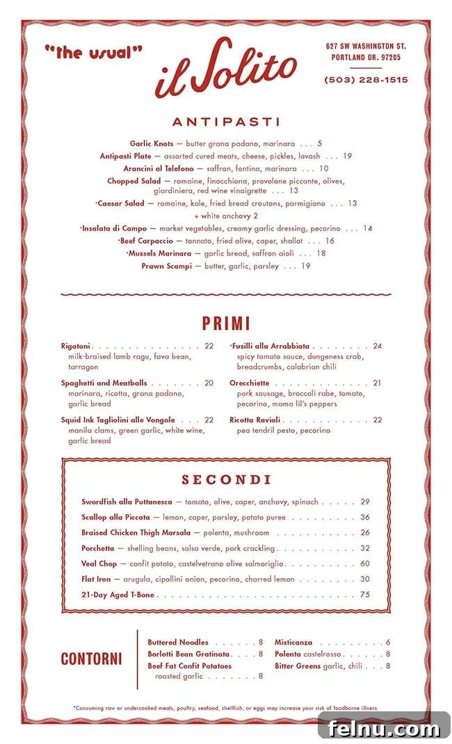 Il Solito: Portland's Quintessential Italian Experience 16 Il Solito restaurant full menu featuring breakfast, lunch, and dinner options in Portland, Oregon