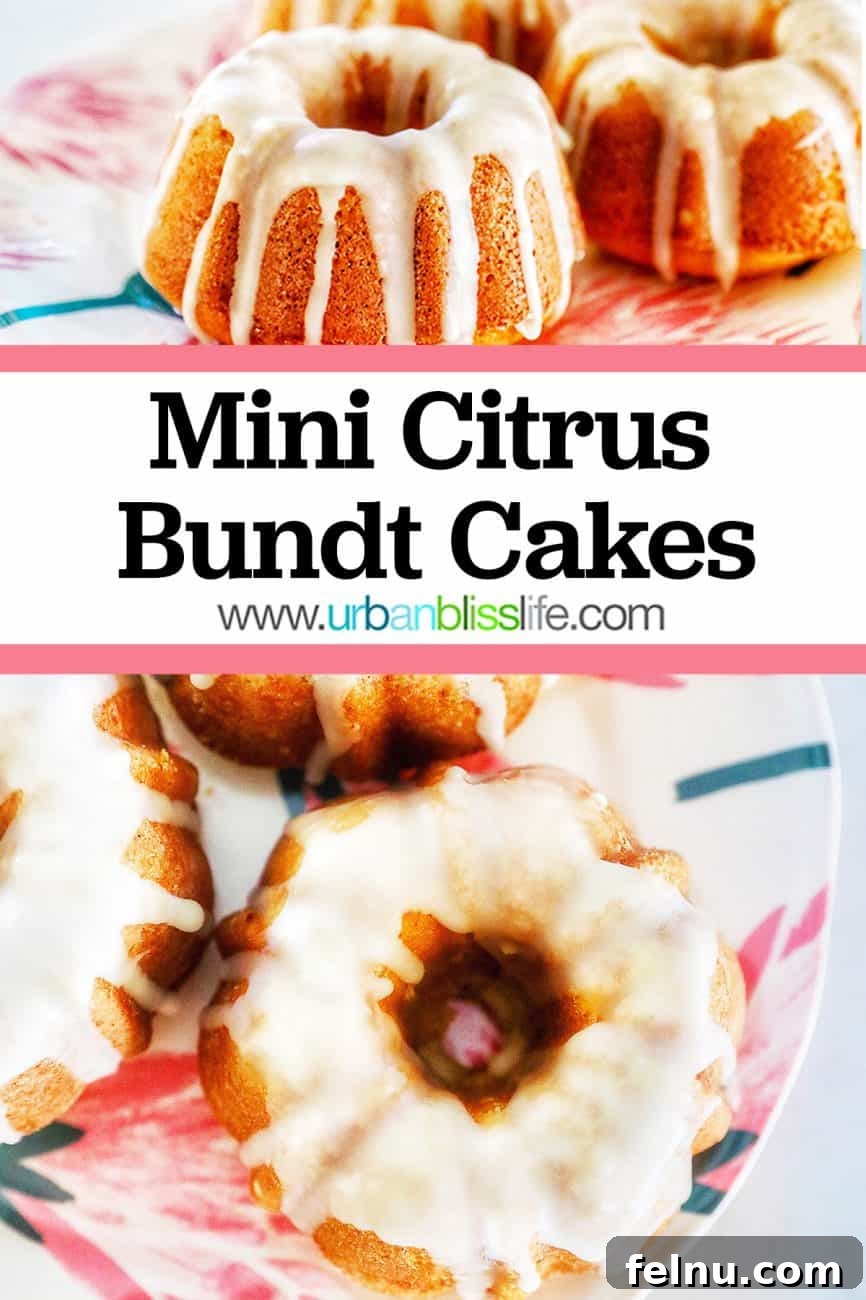 Citrus Kissed Mini Bundt Cakes 7 Pinterest image for Mini Citrus Bundt Cakes, showing a stack of cakes with citrus slices