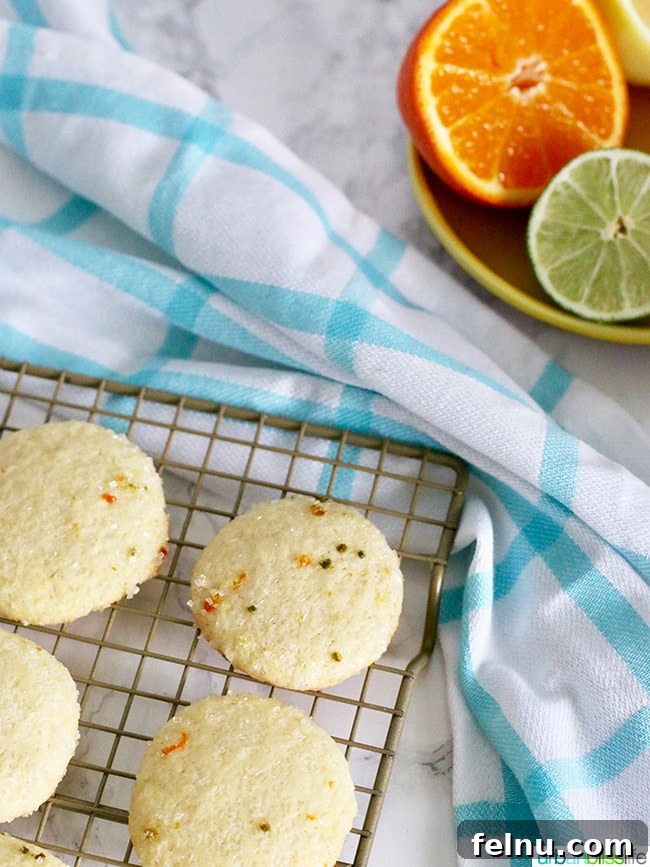 Triple Citrus Sugar Cookies 11 Citrus sugar cookies cooling on a wire rack, with a hint of fresh fruit in the background.