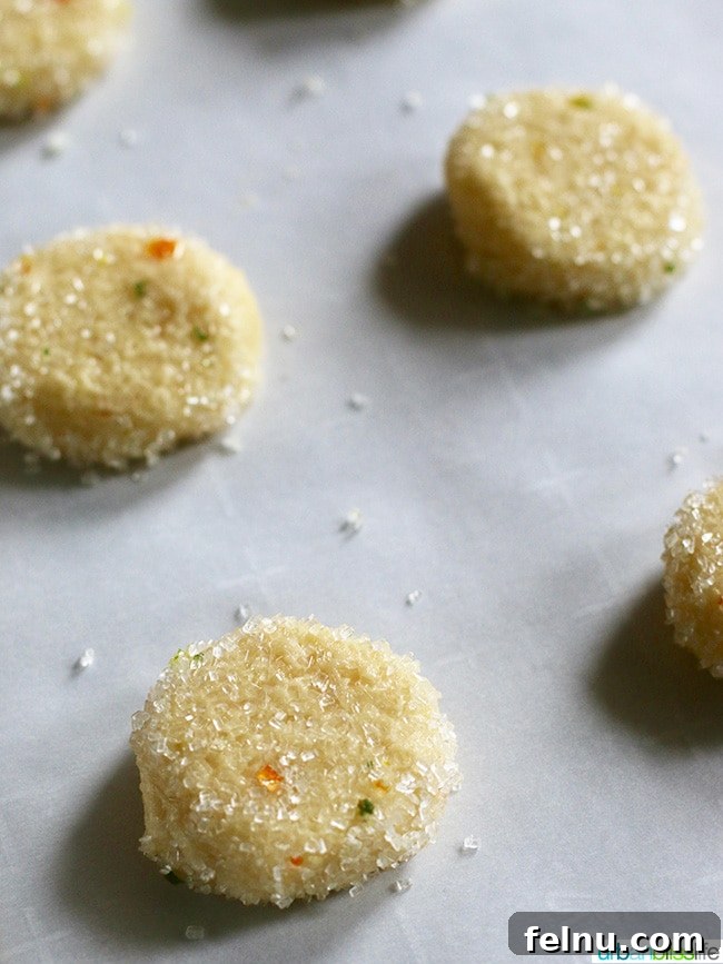 Triple Citrus Sugar Cookies 5 Citrus sugar cookies flattened slightly, prepped for oven.