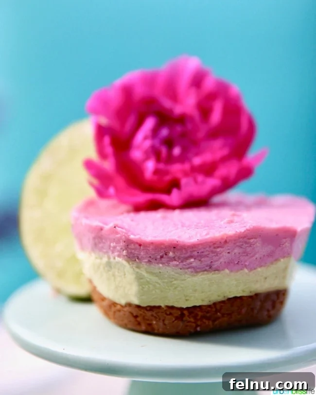 Mini vegan cheesecakes with avocado, lime, and pink pitaya on a white plate