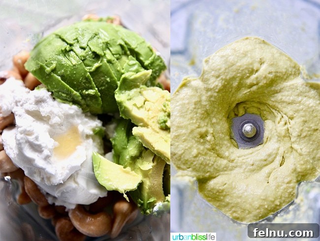 Blended avocado and lime cheesecake mixture in a blender