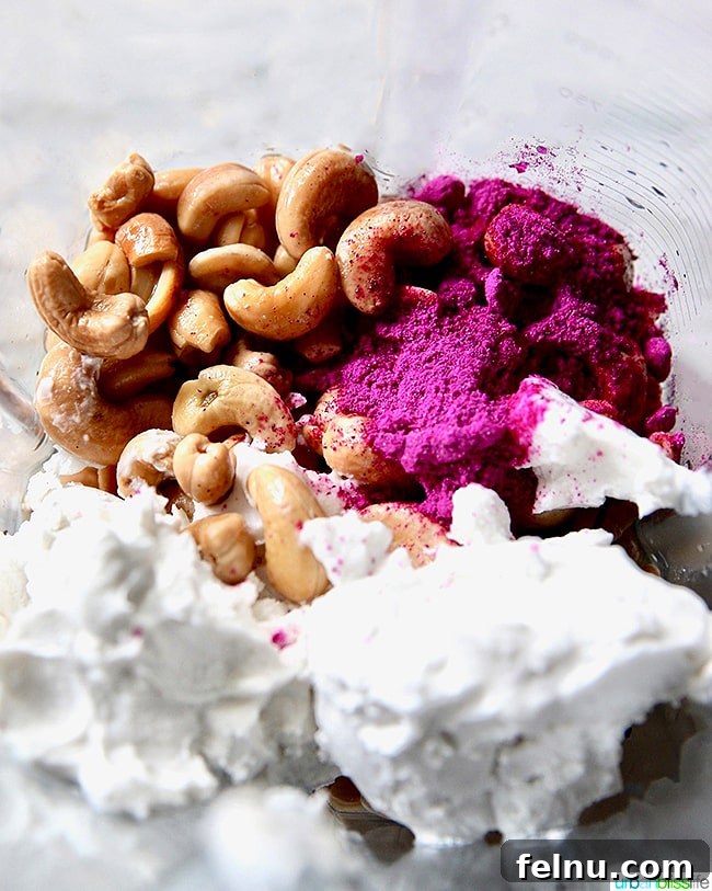 Ingredients for the pink pitaya layer including pink pitayas and cashews