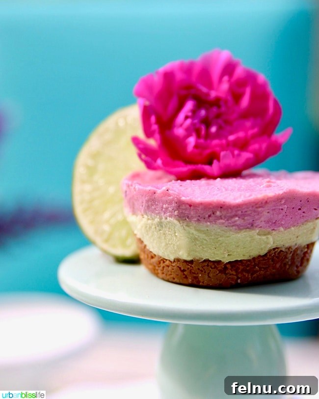 Finished mini vegan cheesecakes with avocado, lime, and pink pitaya
