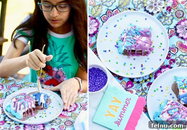 Effortless DIY Unicorn Hard Shell Topping 11 Eating ice cream cake with homemade magic shell