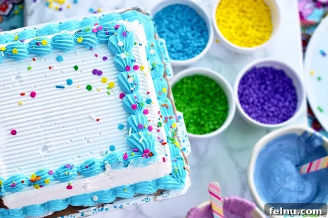Effortless DIY Unicorn Hard Shell Topping 3 Close-up of ice cream cake with homemade magic shell