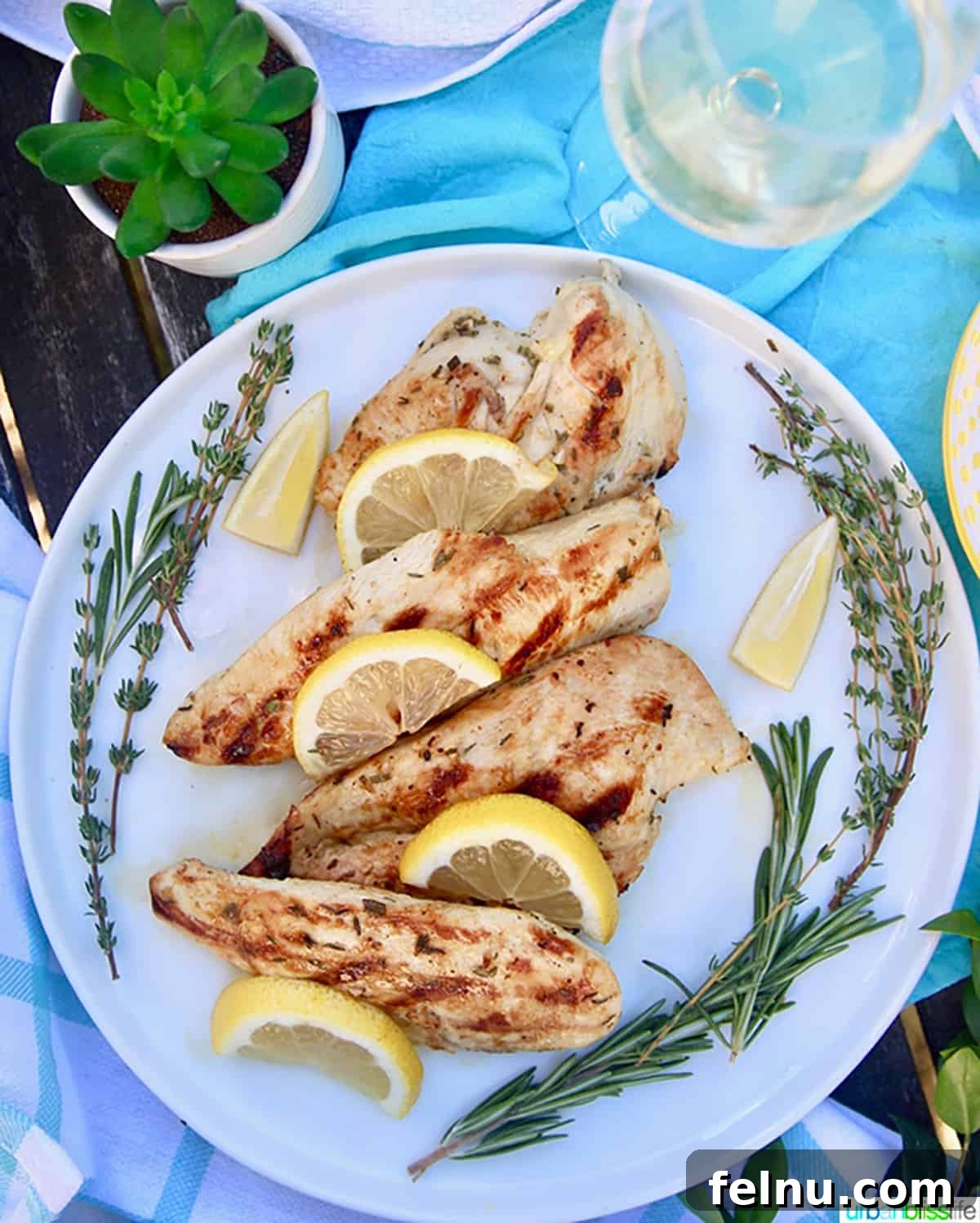 Zesty Lemon Pepper Grilled Chicken 2 Grilled lemon pepper chicken with fresh rosemary and lemon slices.