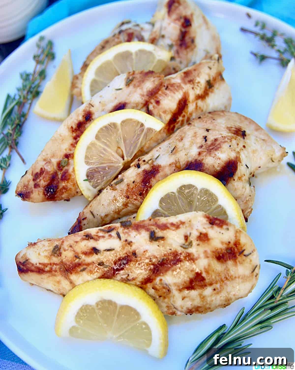 Zesty Lemon Pepper Grilled Chicken 3 Grilled lemon pepper chicken with lemon slices and fresh herbs on a cutting board.