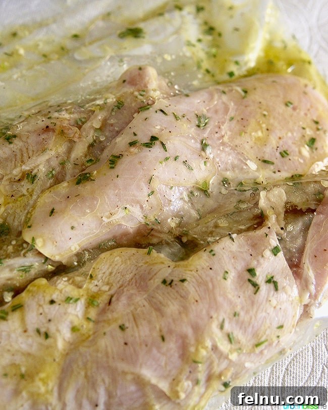 Zesty Lemon Pepper Grilled Chicken 5 Lemon pepper chicken marinating in a Ziploc bag with herbs and lemon slices.