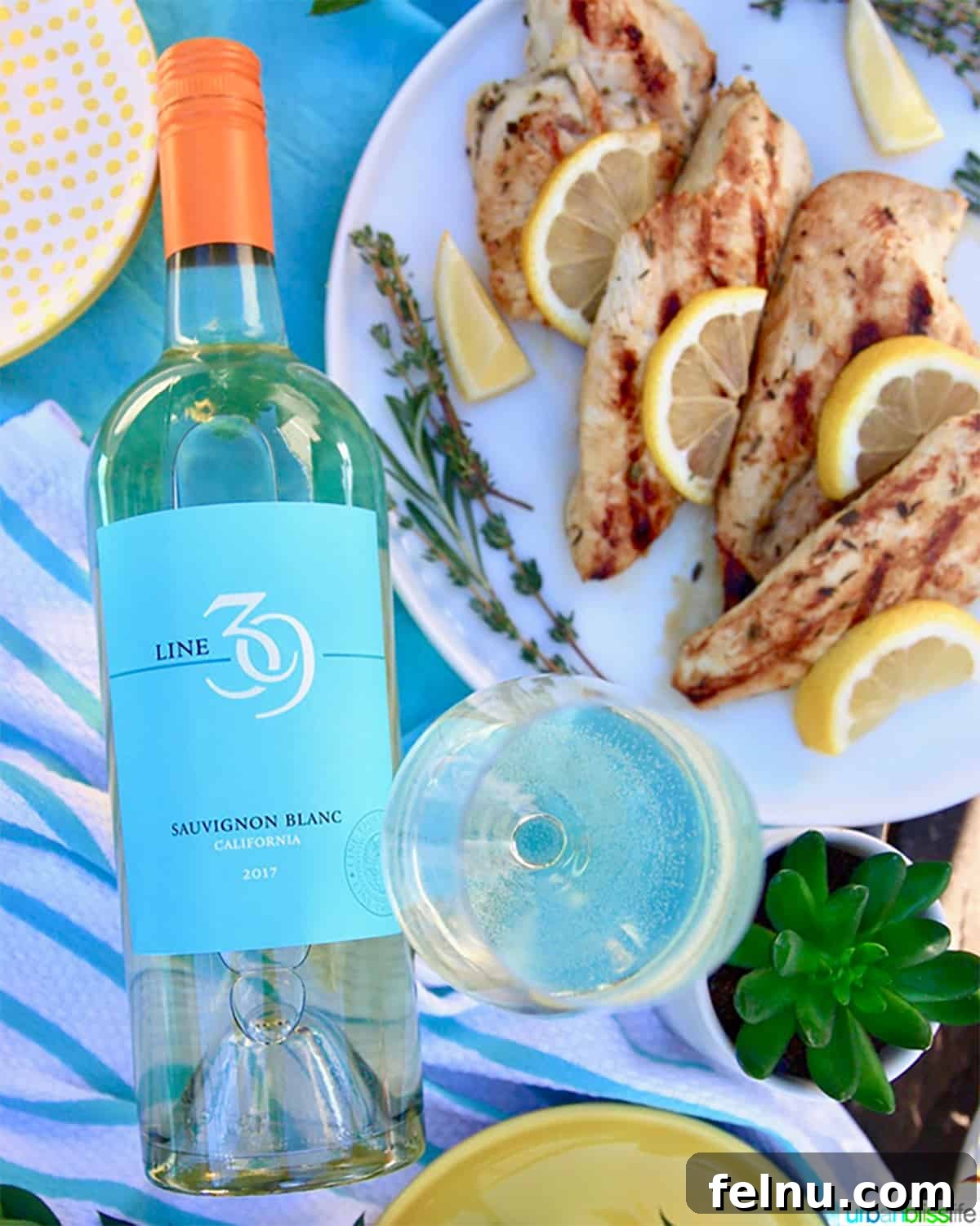 Zesty Lemon Pepper Grilled Chicken 9 Bottle of Line 39 Sauvignon Blanc, a recommended pairing for grilled lemon pepper chicken.