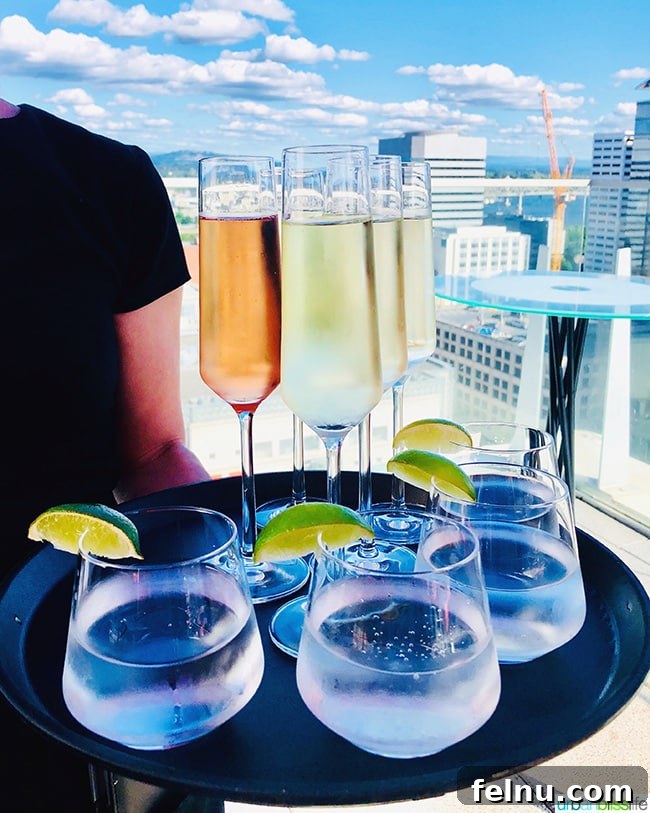 Cool Summer Dairy-Free Ice Cream at Departure Portland 13 A refreshing glass of champagne or rosé wine, symbolizing a celebratory moment or a girls' night out at Departure Portland.