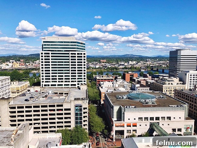 Cool Summer Dairy-Free Ice Cream at Departure Portland 3 Panoramic view of the Portland, Oregon city skyline from the elegant rooftop terrace of Departure restaurant, showcasing urban landscapes and distant mountains.