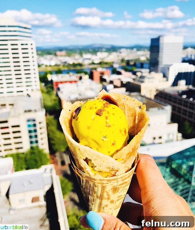 Cool Summer Dairy-Free Ice Cream at Departure Portland 7 A golden milk ice cream with a vibrant pineapple crunch, showcasing a unique blend of spices like tamarind, ginger, and cinnamon.