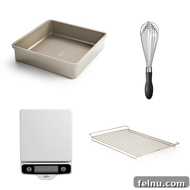 Almond Swedish Visiting Cake Bars 15 A collection of essential OXO baking products: a non-stick cake pan, a precise food scale, and a sturdy balloon whisk.