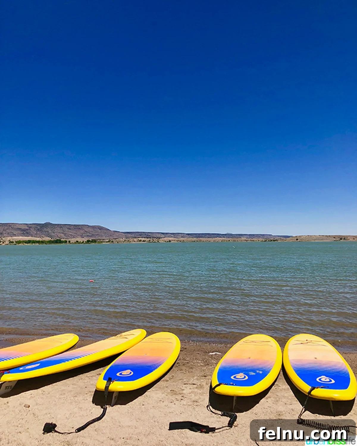 10 Albuquerque Gems You Must Explore 14 A person stand-up paddleboarding on Cochiti Lake near Albuquerque with scenic mountains in the background