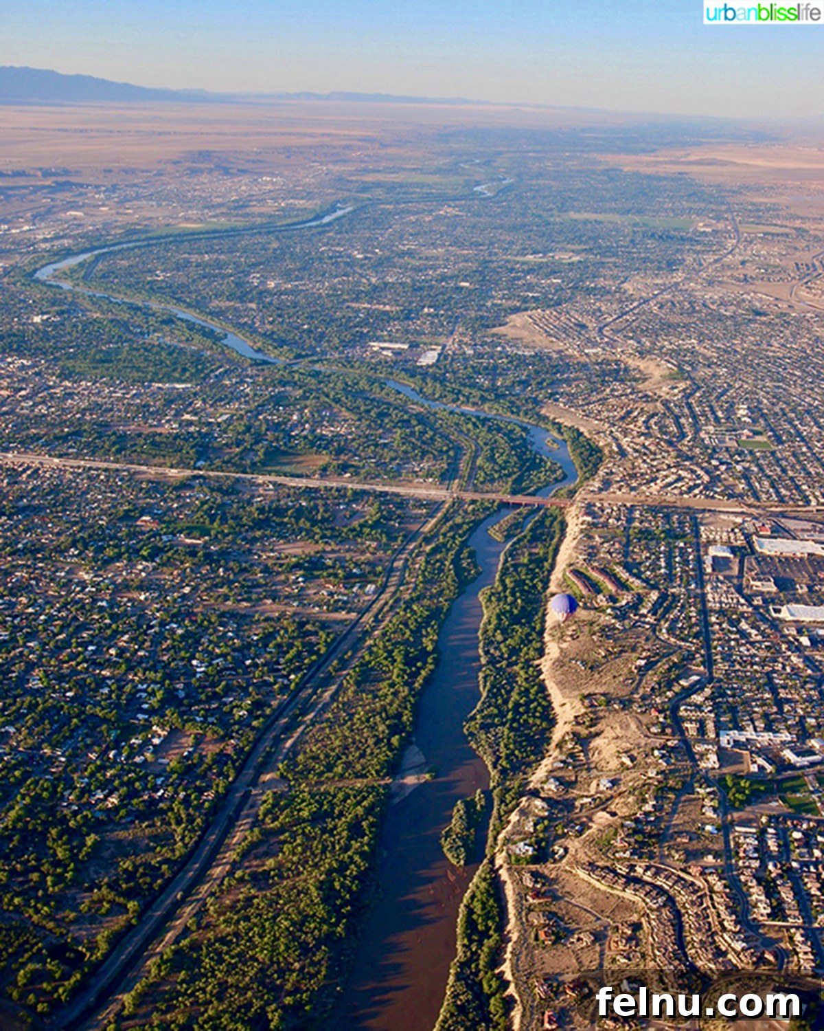 10 Albuquerque Gems You Must Explore 5 Panoramic aerial view of Albuquerque and the Rio Grande River at dawn from a hot air balloon
