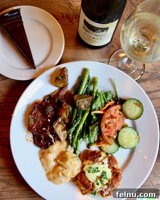 Your Oregon Cabin Getaway at Silver Falls Lodge 12 A beautifully presented dinner meal served at Silver Falls Lodge dining room