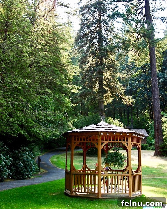 Your Oregon Cabin Getaway at Silver Falls Lodge 16 Elegant gazebo at Silver Falls Lodge, surrounded by lush greenery