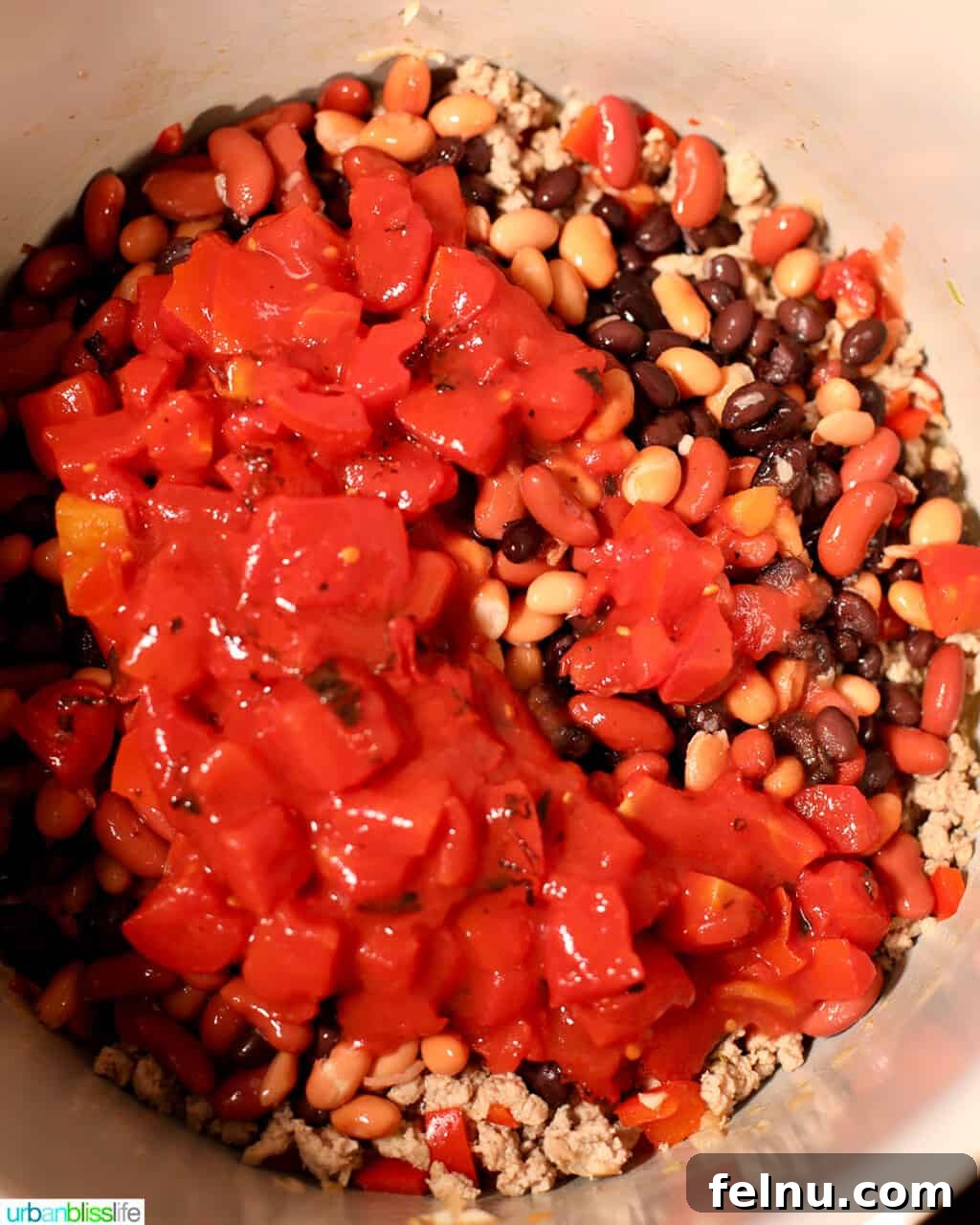 Hearty & Healthy Turkey Chili (Instant Pot Friendly!) 13 Adding diced tomatoes to the Ninja Foodi chili, creating a rich tomato base.