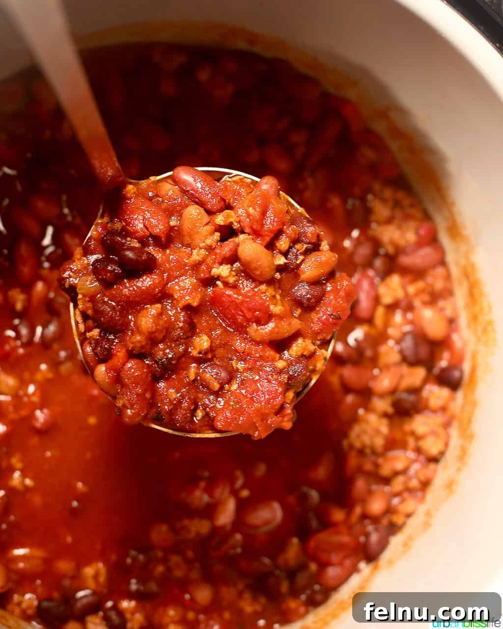 Hearty & Healthy Turkey Chili (Instant Pot Friendly!) 18 Scooped up cooked chili, showing its rich color and hearty texture.