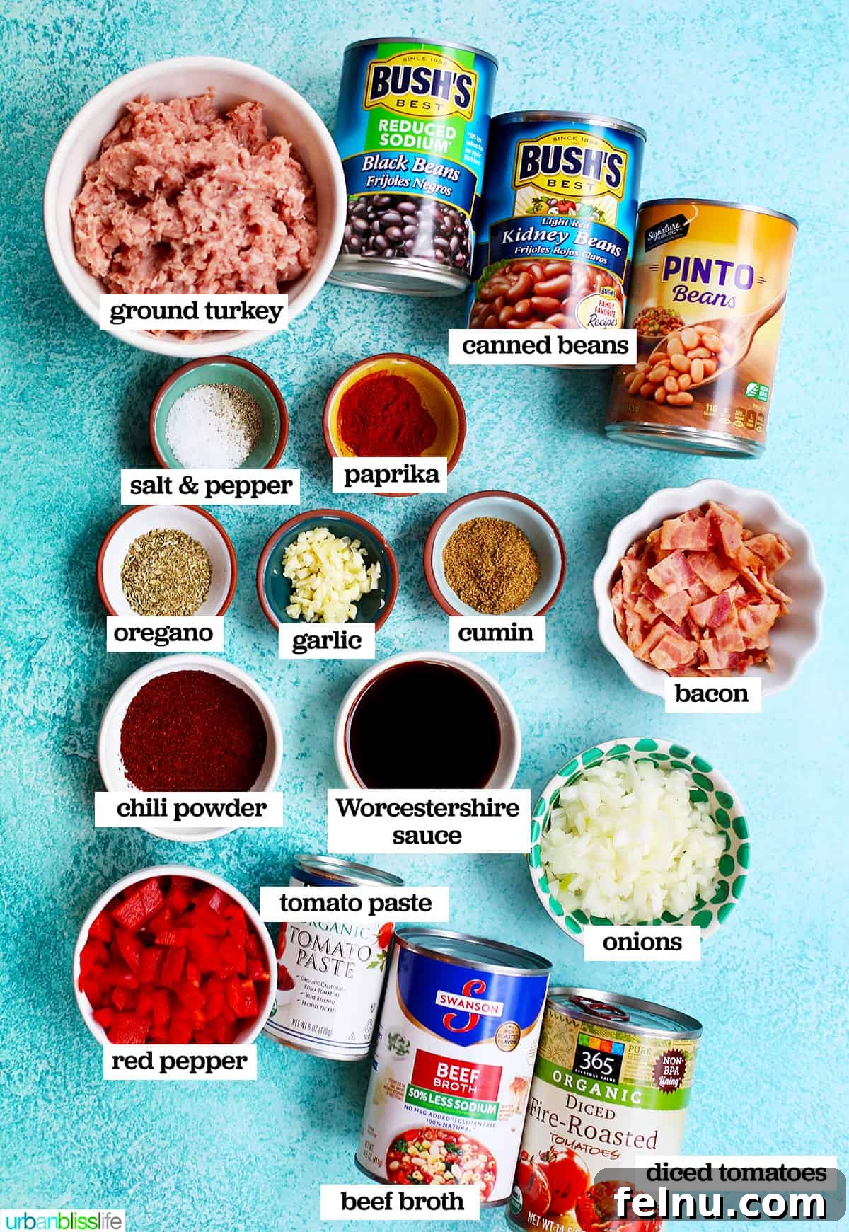 Hearty & Healthy Turkey Chili (Instant Pot Friendly!) 4 All the essential ingredients for making Instant Pot Turkey Chili are arranged on a bright blue background, ready for preparation.