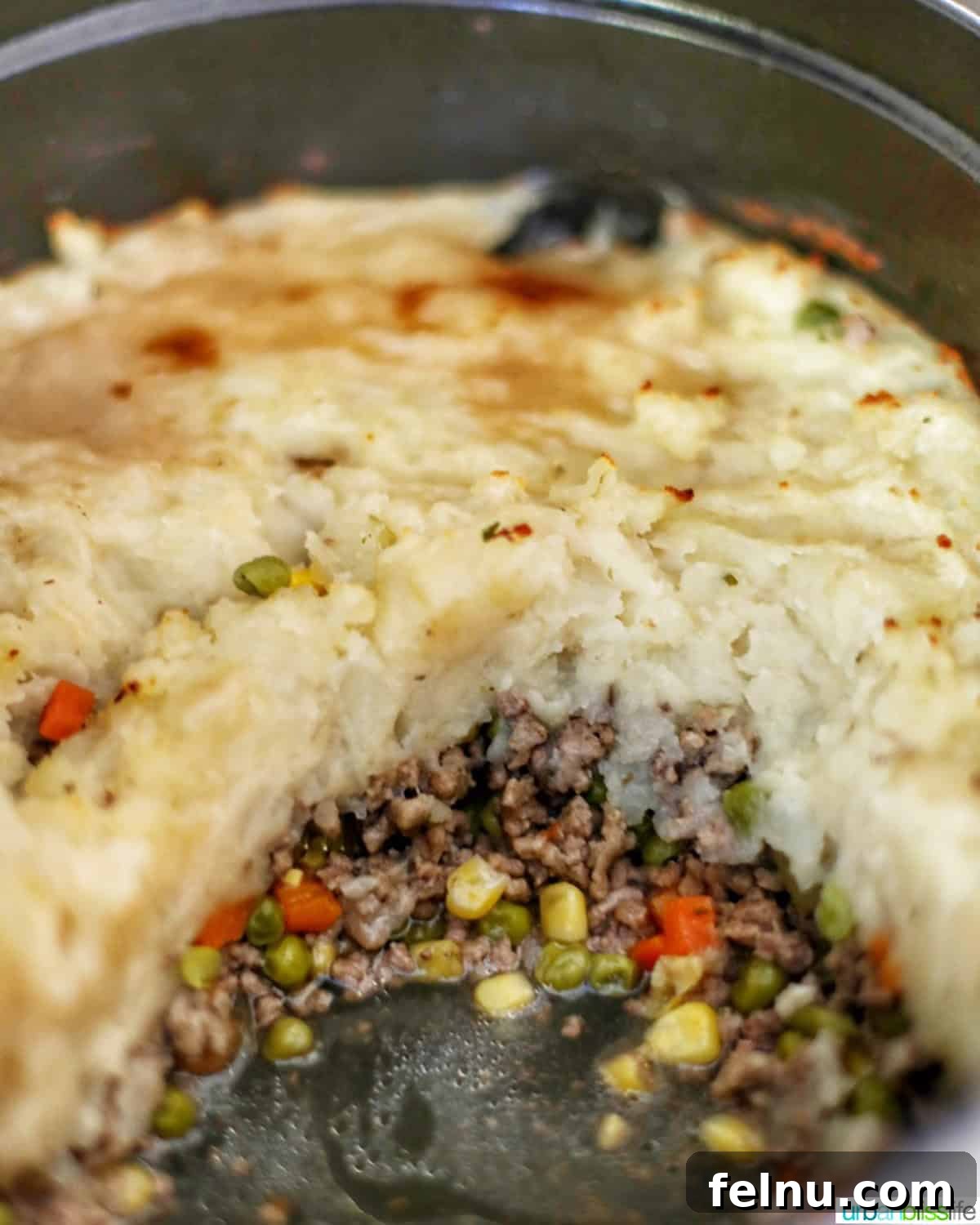 Hearty Dutch Oven Shepherd's Pie 11 A beautifully plated serving of Shepherd's Pie.