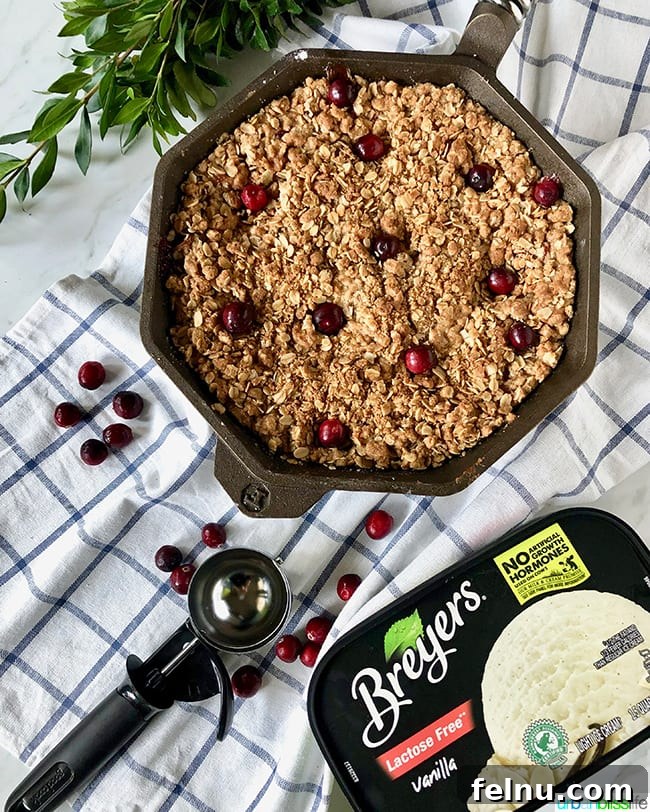 Skillet Apple Cranberry Crisp served with a scoop of vanilla ice cream on a corner.