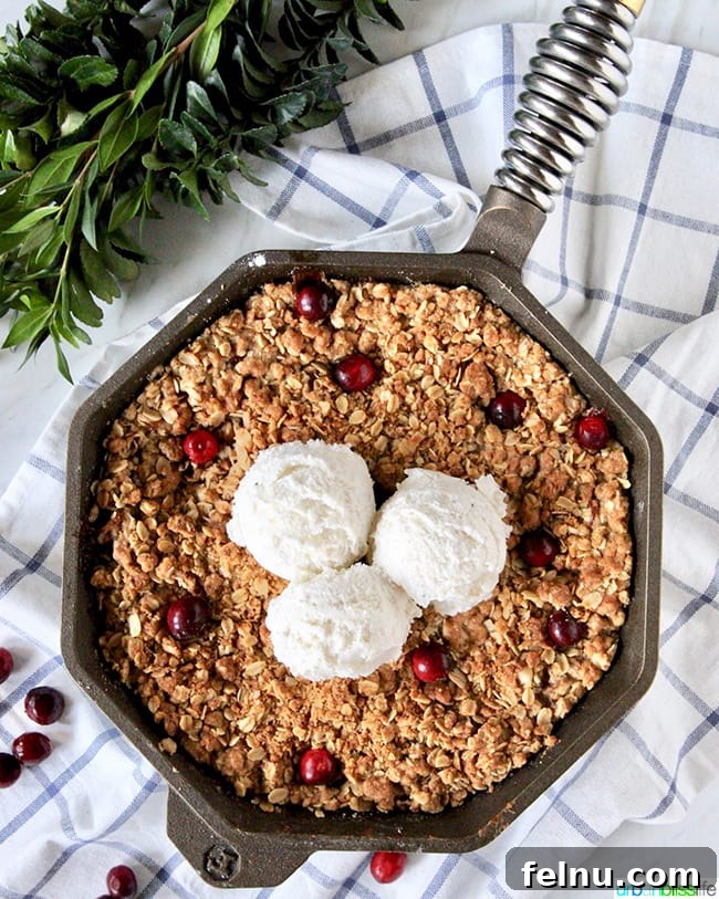 Skillet Apple Cranberry Crisp with two scoops of vanilla ice cream in the center, ready to be enjoyed.