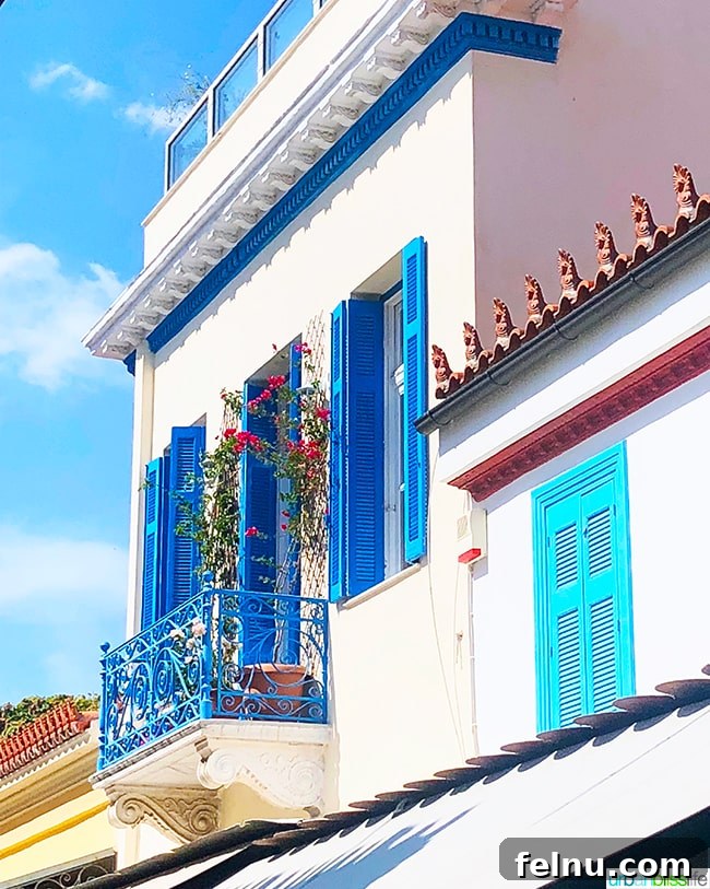 Iconic blue and white house in the charming Plaka neighborhood of Athens, Greece