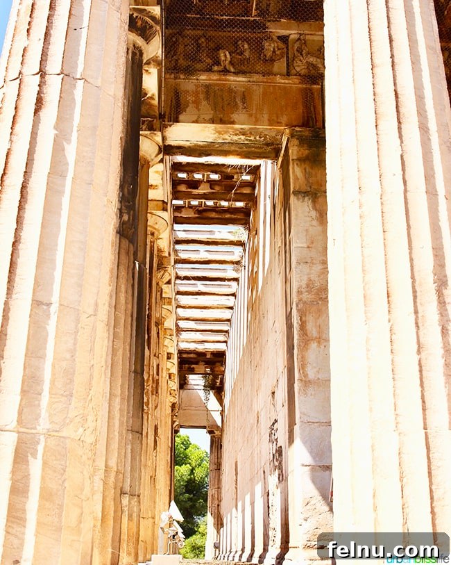 Magnificent stone columns in the Ancient Agora of Athens, Greece, showcasing the grandeur of ancient architecture