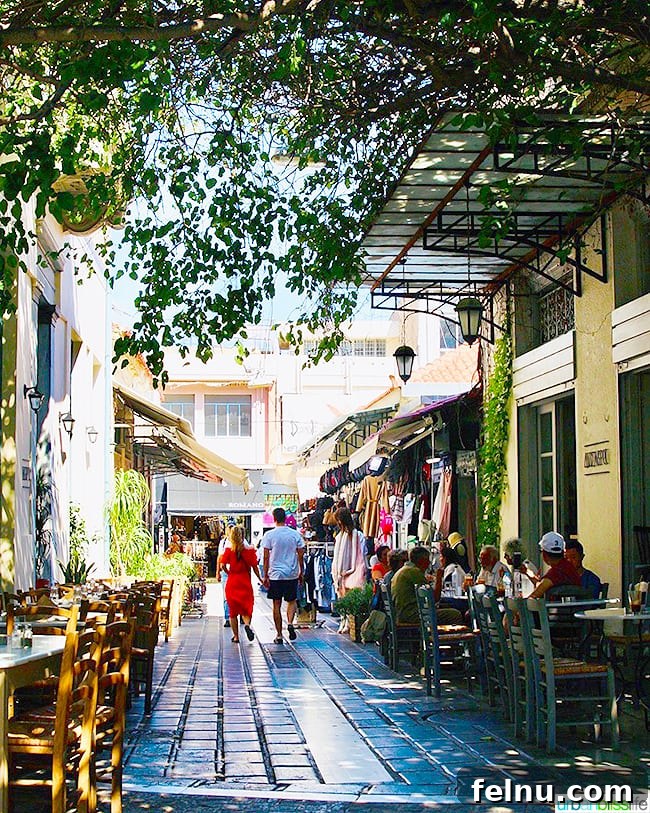 Charming Plaka shops and outdoor restaurants in Athens, Greece, creating a vibrant and inviting atmosphere