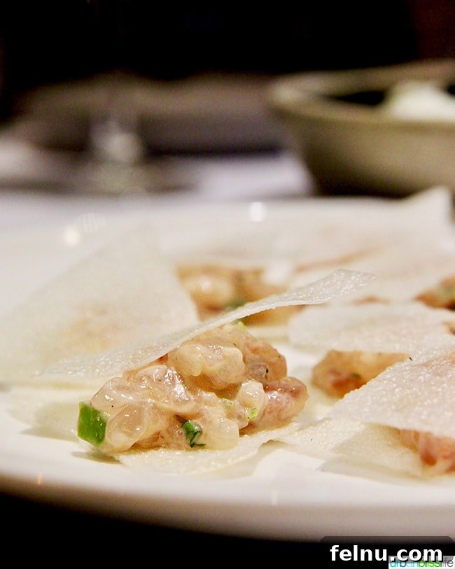 Elegant Shrimp and Anchovy in Rice Paper dish, a light and flavorful option at Nolan restaurant in Athens, Greece.