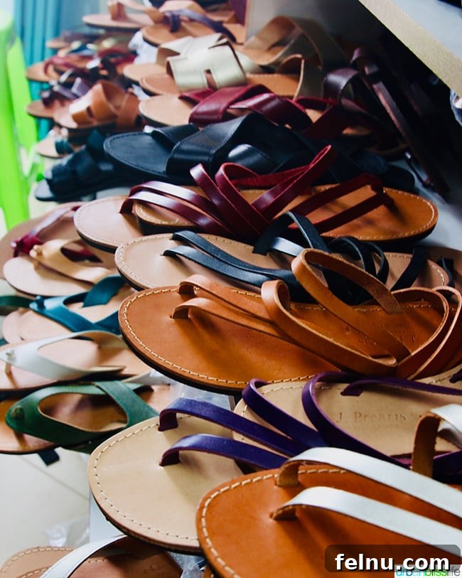 Greece Travel: Discover Olympos Village, Karpathos 14 Handmade sandals on display in a shop in Olympos, Karpathos