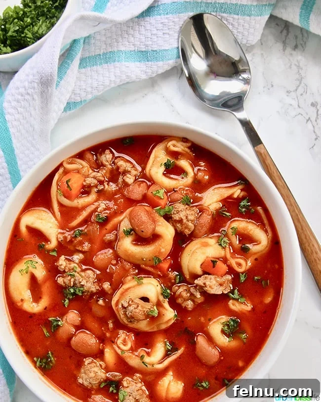 Hearty Sausage Tortellini Soup 4 Close-up of Sausage Tortellini Soup in a bowl with a spoon