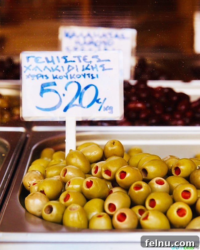 A vibrant display of Greek olives