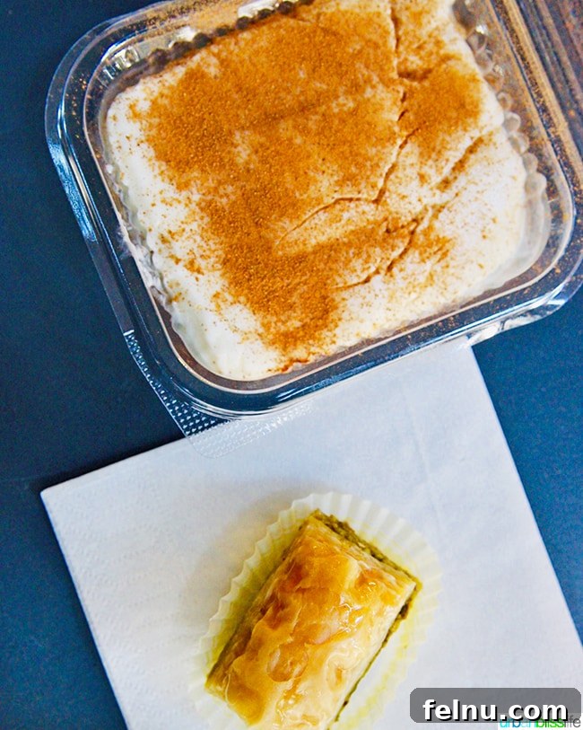 Greek baklava and Tavuk Gogsu (Greek rice pudding) in Athens, Greece