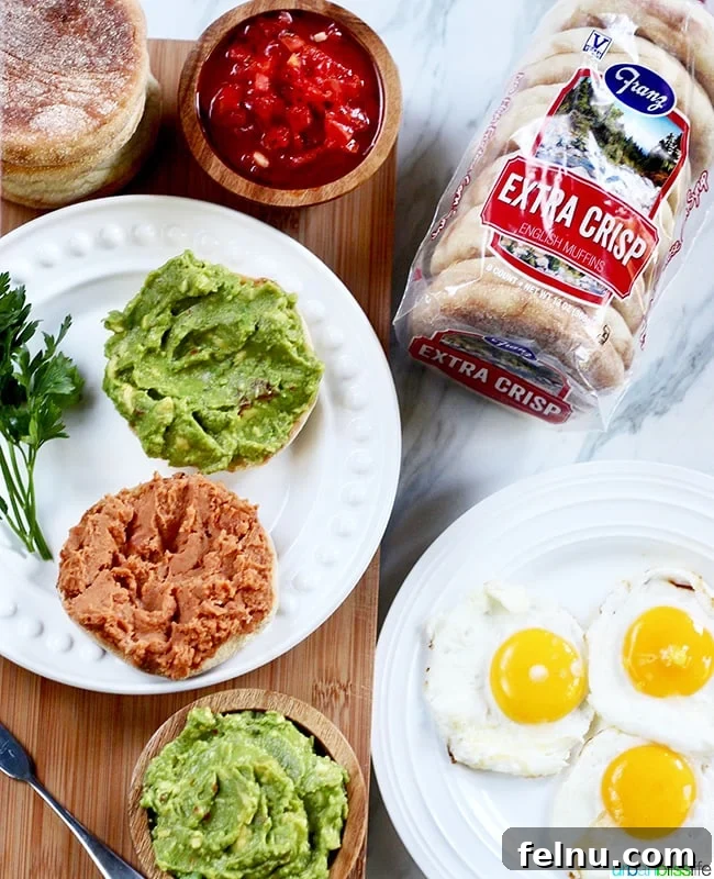 Rancheros Egg Stack 5 Ingredients for making a Huevos Rancheros Breakfast Sandwich, neatly arranged.