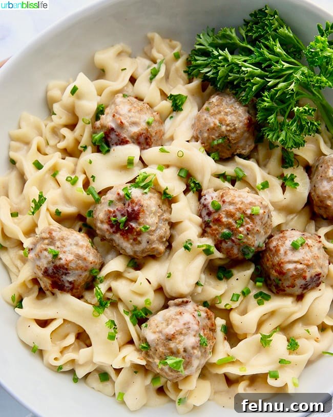 Creamy Dreamy Dairy-Free Swedish Meatballs with Pasta, Made Easy in Your Instant Pot 3 Close-up of Instant Pot Swedish Meatballs