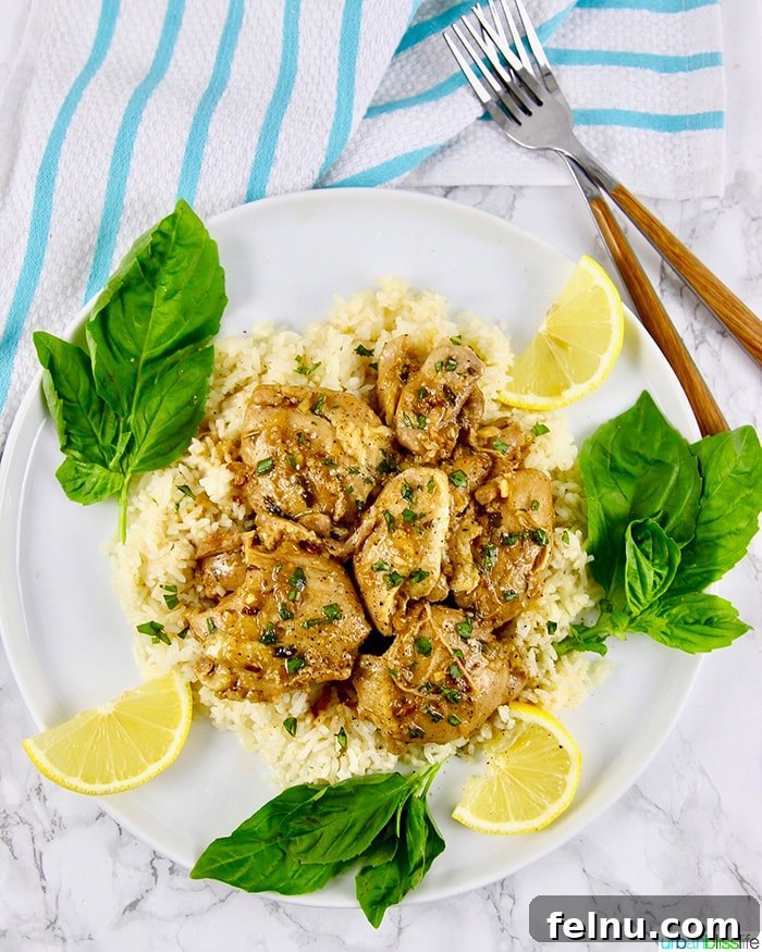 Zesty Instant Pot Lemon Garlic Chicken 7 Instant Pot Lemon Garlic Chicken flatlay with sides of rice, green beans, and lemon wedges.