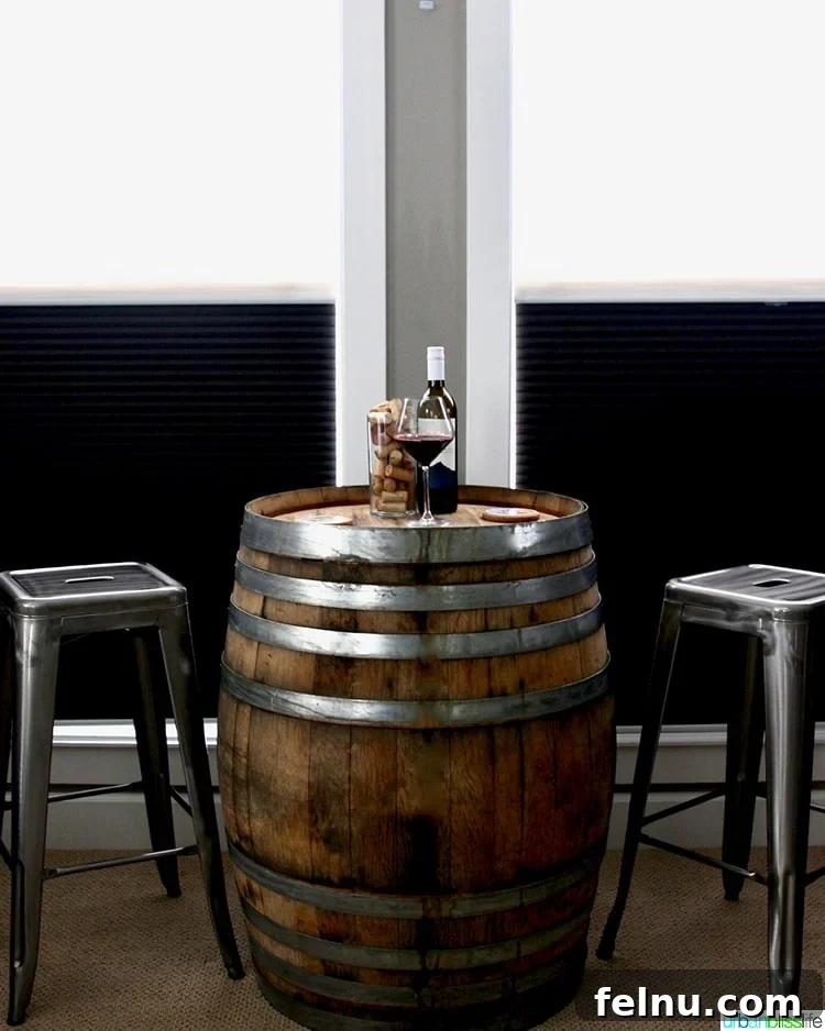 A wine barrel table adds a unique touch to a home bar setup