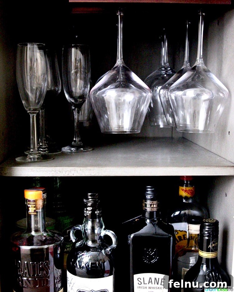 A selection of wine glasses displayed in a home bar