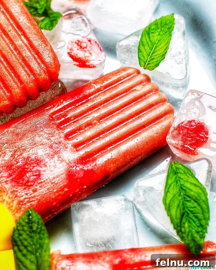 Sweet Tart Strawberry Rhubarb Pops 3 Strawberry Rhubarb Popsicles with a hint of mint close up