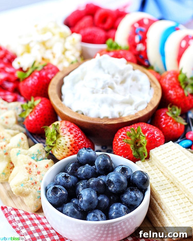 Patriotic Dessert Board 5 Close-up of a 4th of July Dessert Board showcasing fresh blueberries