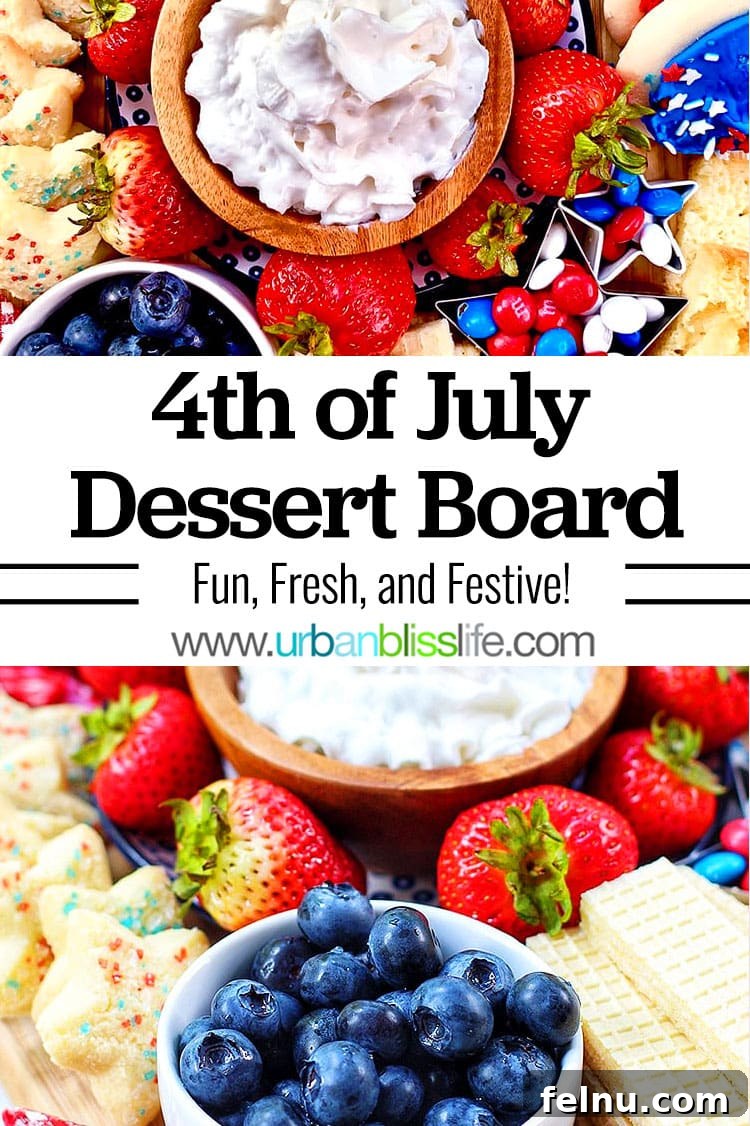 Patriotic Dessert Board 6 Large overhead shot of a festive 4th of July dessert board with abundant red, white, and blue treats